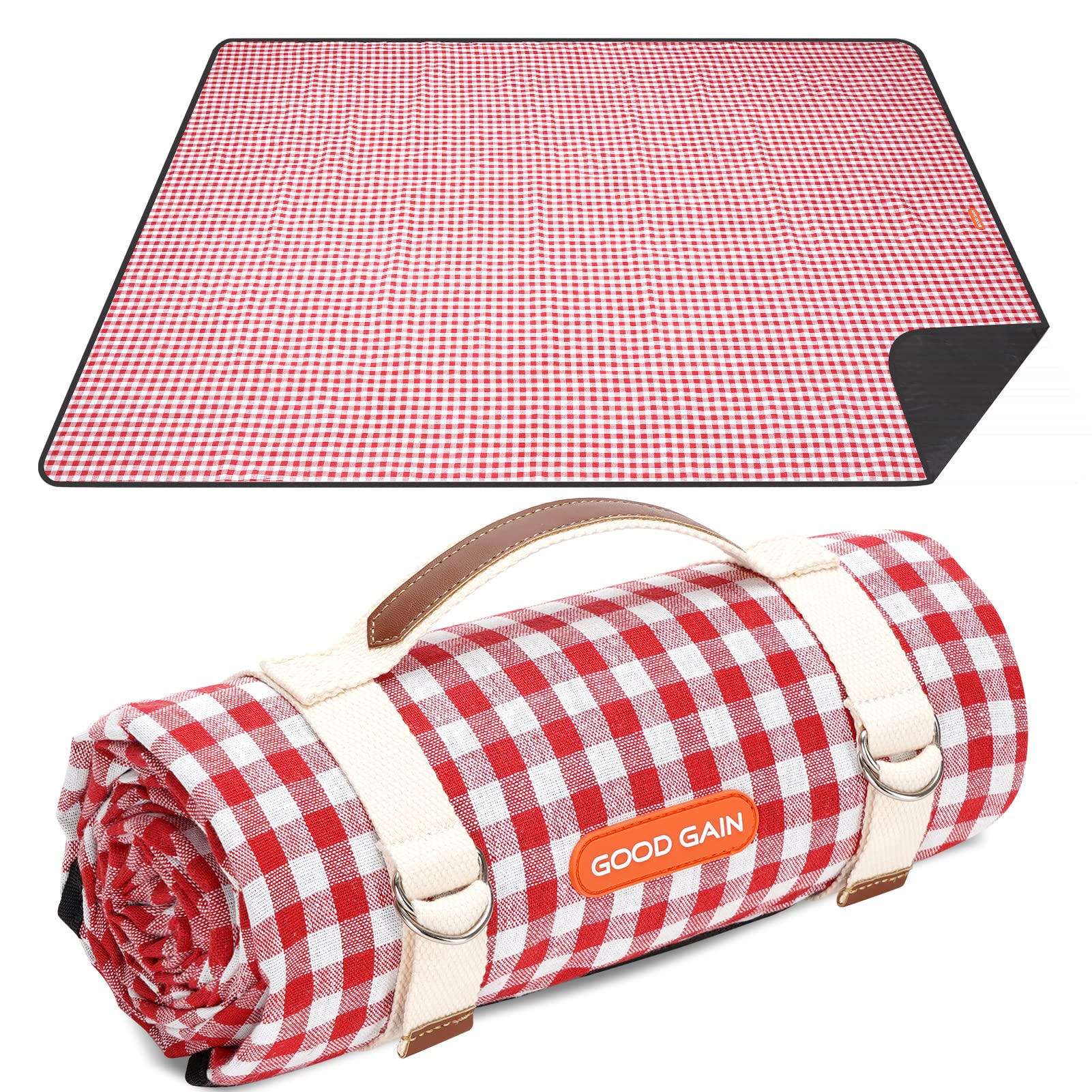 Picnic Blanket Waterproof,Beach Blanket Portable with Carry Strap Outdoor Camping Party, Large Foldable Sand Proof Blanket for Wet Grass Hiking or Kids Playground XL Picnic Mat (red check)