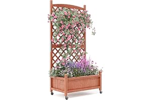 Festisoul 29.5" x 13"x 61.5" Wood Planter Box with Trellis for Plant & Flower, Raised Garden Bed with Wheels, Standing Vertical Horticulture Trellis Planter with Drainage Holes for Patio Garden, 1PC