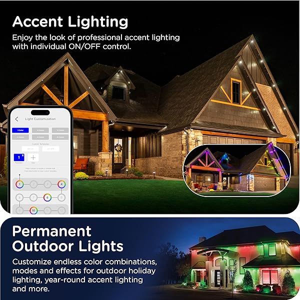 ENBRIGHTEN VIBE ETERNITY PERMANENT OUTDOOR LIGHTS FOR HOUSE, 50FT, 36 RGBWIC LEDS, CLOSE SPACING, 33LM, COLOR CHANGING, CHRISTMAS, EAVE LIGHTING, SMART APP, WORKS WITH ALEXA, GOOGLE HOME, 82730