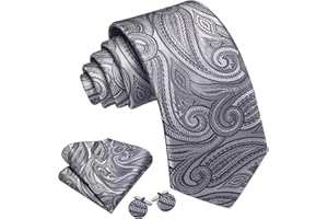 Flower Ties for Men Extra Long Silver Floral Tie Sets with Handkerchief Cufflinks Pocket Square Wedding Business