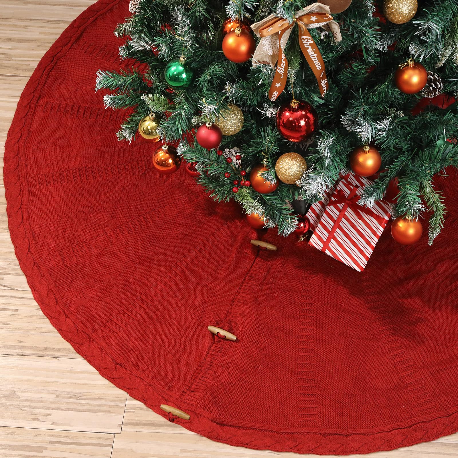 Photo 1 of 48inch Knitted Christmas Tree Skirt Red Luxury Cable Knit Thick Rustic Christmas Tree Decorations Farmhouse Crochet Xmas Trees Skirt for Xmas Holiday Indoor Home Party Decorations