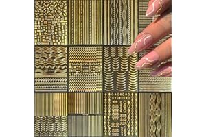 FJSMTOPl 12 Sheets Gold Nail Stickers, 3D Self-Adhesive Metal Geometric Stripe Wave Nail Sticker, Gold Nail Art Designs, Style-c