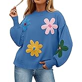 ZESICA Women's Long Puff Sleeve Sweaters Casual Crewneck Ribbed Knit Flower Color Block Loose Pullover Tops