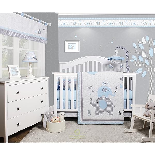 grey and blue cot bedding