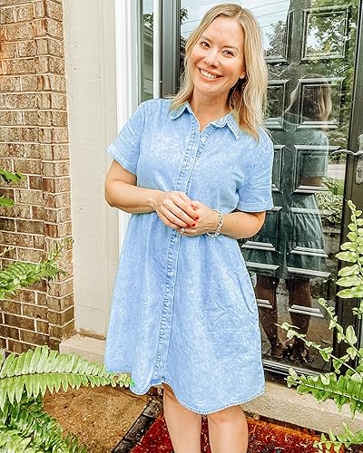 Casual Denim Shirt Dress Blue Jean Dress Outfit LookbookStore