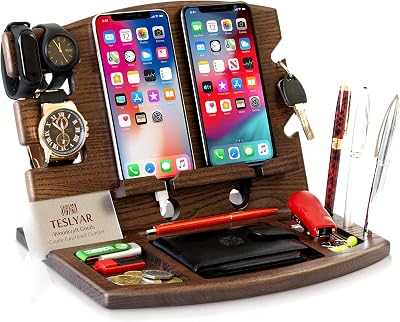 Teslyar Double Wooden Phone Docking Station, Wenge, 2 Phones Charging