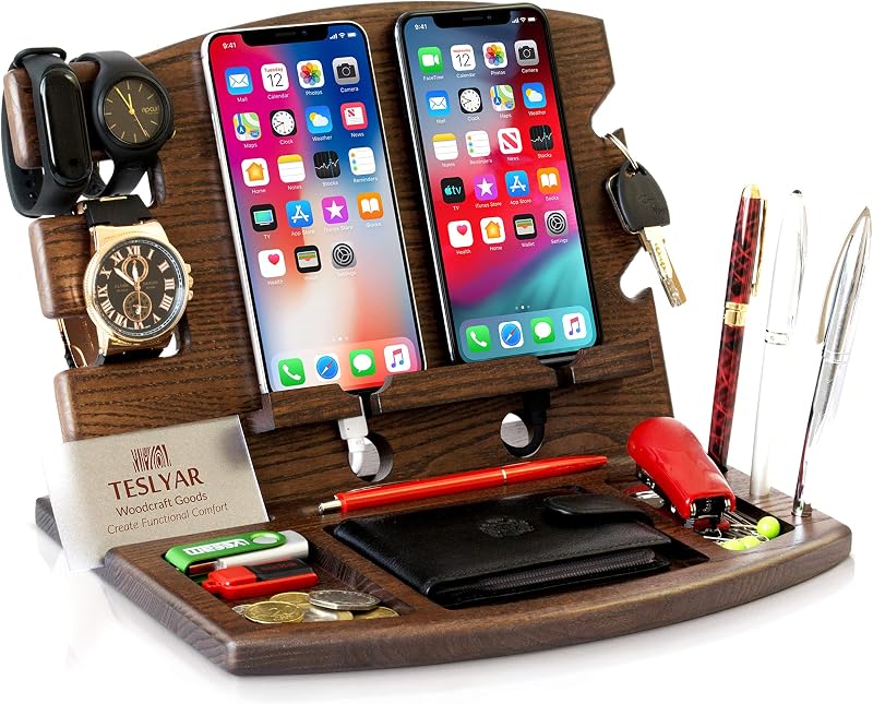 Teslyar Double Wooden Phone Docking Station, Wenge, 2 Phones Charging