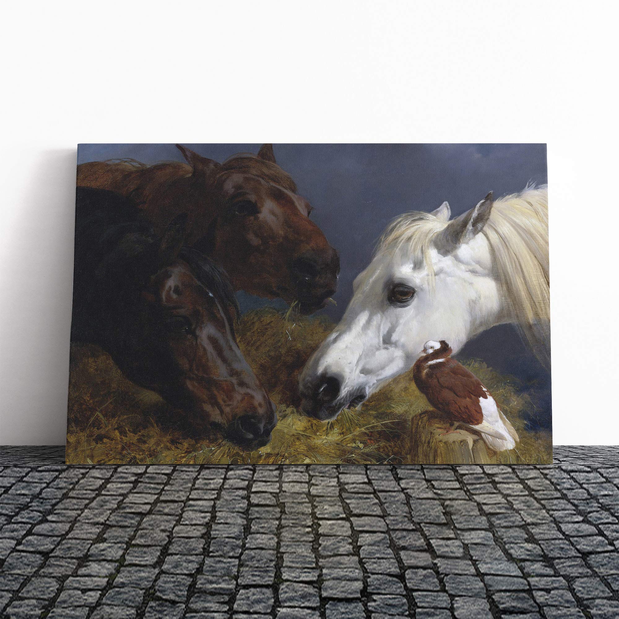 Big Box Art Canvas Print Wall Art John Frederick Herring Three Horses | Mounted & Stretched Box Frame Picture | Home Decor for Kitchen, Living Room, Bedroom, Hallway, Multi-Colour, 20x14 Inch