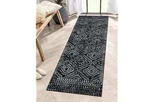 Wonnitar Washable Kitchen Runner Rug 2x6, Moroccan Black Runners for Hallway, Non Slip Bohemian Soft Bathroom Throw Mat Geometric Carpet Runner for Laundry Entryway Bedroom (Black,2'x6')