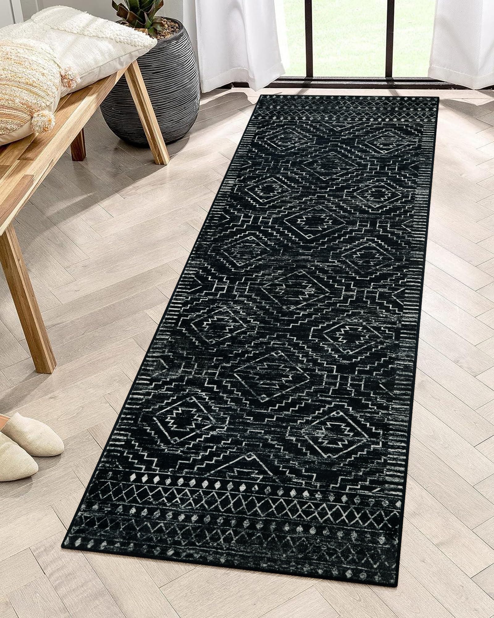 Photo 1 of Wonnitar Washable Kitchen Runner Rug 2x6, Moroccan Black Runners for Hallway, Non Slip Bohemian Soft Bathroom Throw Mat Geometric Carpet Runner for Laundry Entryway Bedroom (Black,2'x6')