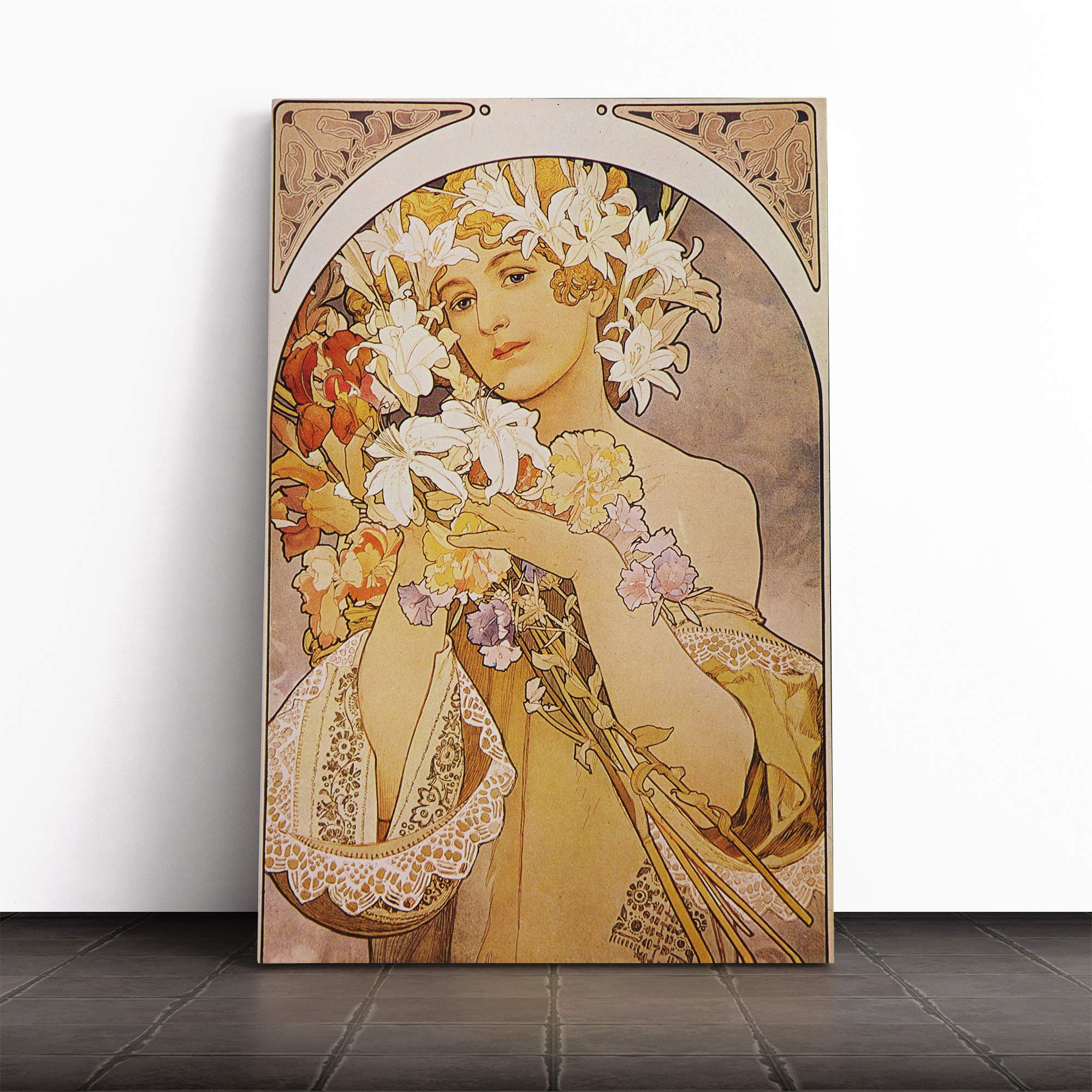 Alphonse Mucha Flower Girl Canvas Print | Gallery Wrapped 30mm Frame Wall Art | 20x14 inches | Ready to Hang | Modern Floral Picture | Living Room Bedroom Lounge Office