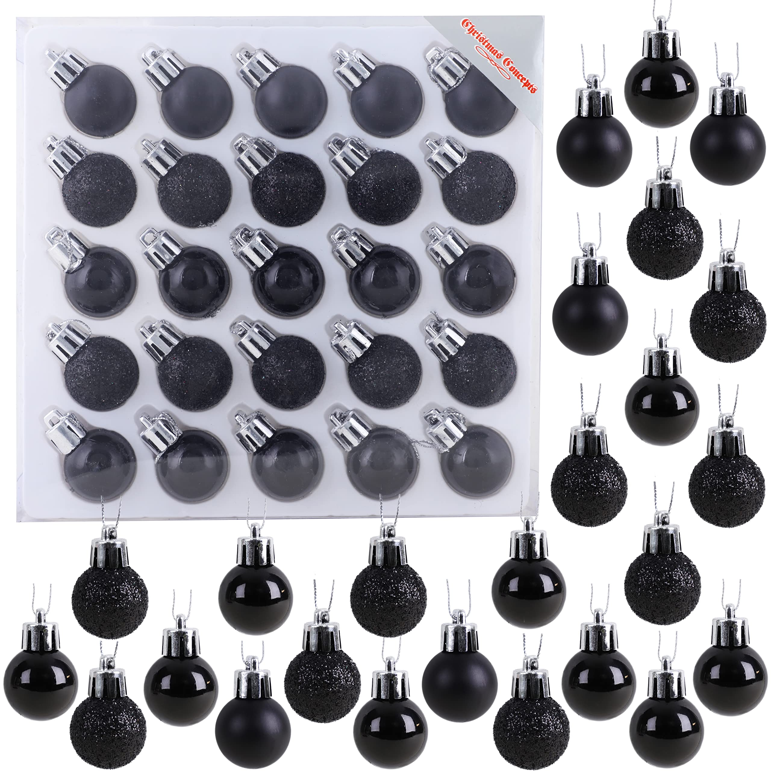 Christmas Concepts® Pack of 25-25mm, 2.5cm (1") Mini Christmas Tree Baubles - Shiny, Matte & Glitter Decorated Baubles (Black)