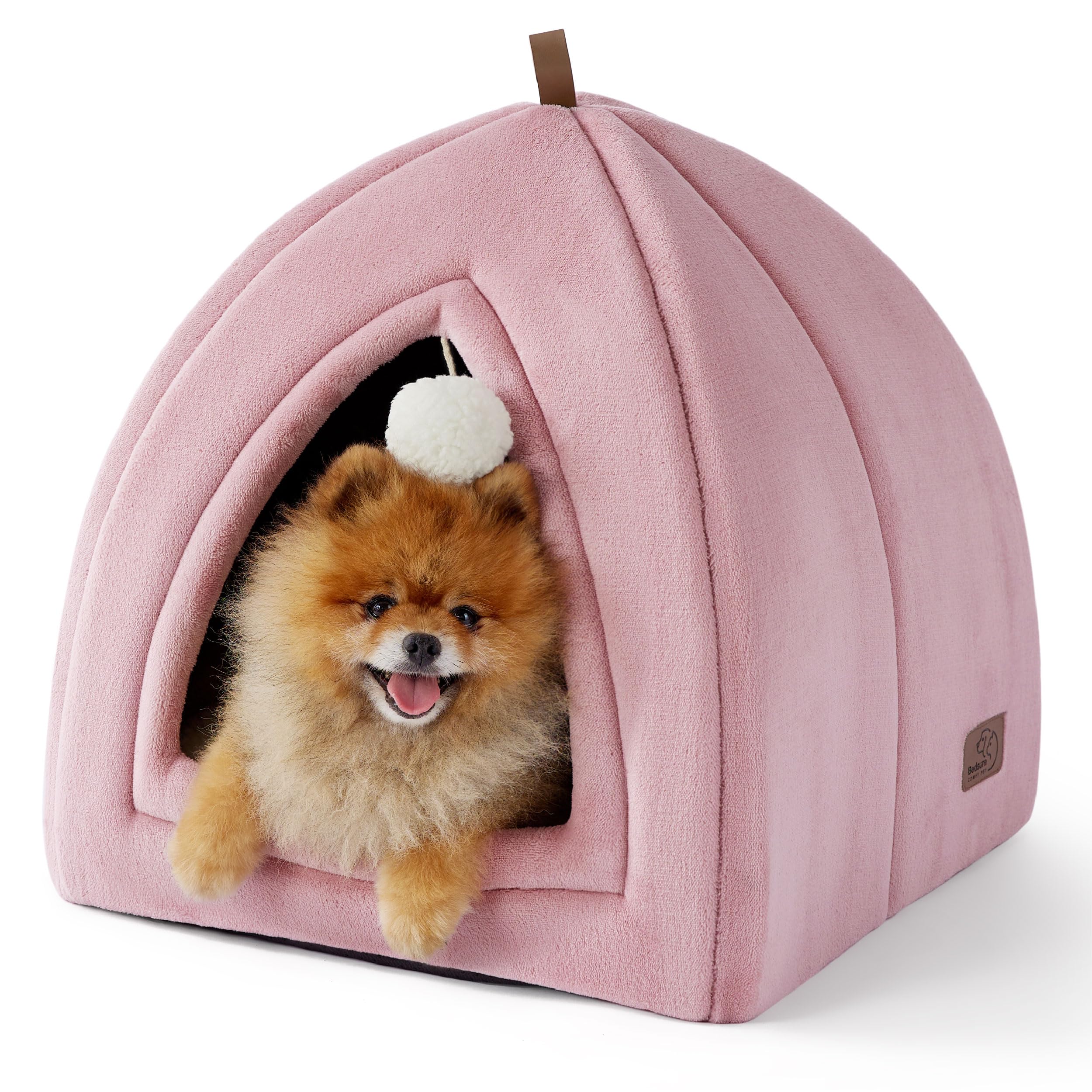 Bedsure Cat Cave Bed Indoor - Large Flannel Hooded Cat Igloo House, 44x44x44cm Enclosed Foldable Pet Bed with Removable Washable Cushion Pillow, Pink