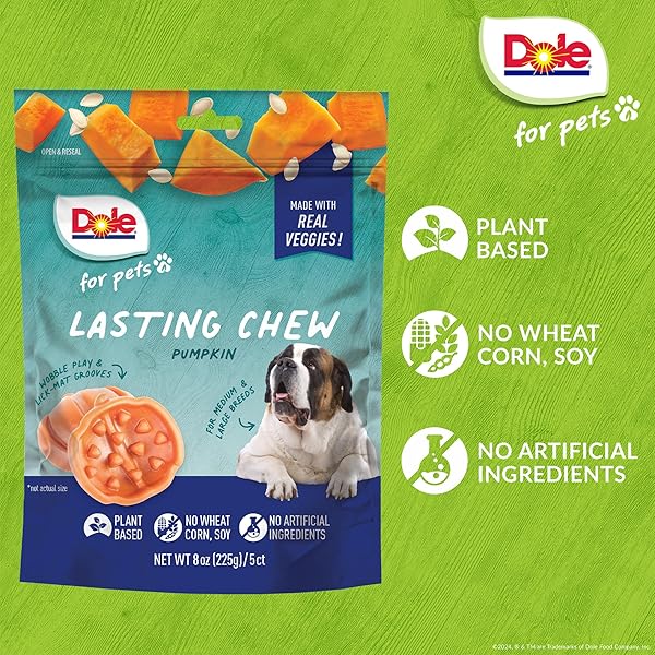 DOLE FOR PETS FRESHLY FETCHED LASTING CHEW PUMPKIN FLAVOR DOG TREATS, MEDIUM AND LARGE BREEDS, NO WHEAT, CORN, SOY, ARTIFICIAL FLAVORS, COLORS, OR ANIMAL PRODUCTS, 8 OUNCES, 5 CHEWS