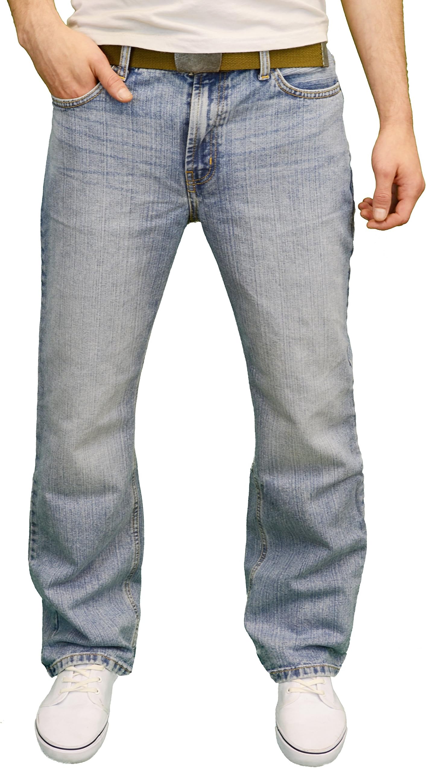 FB JEANS Mens Designer Regular Fit Boot Cut Jeans w/Free Belt