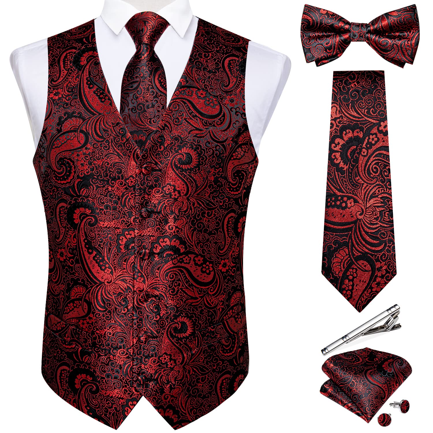 Photo 1 of DiBanGu Men's Red Black Paisley Vest and Necktie Set 6PCS Pre-tied Bow Tie Silk Formal Waistcoat for Wedding Party, Red, M