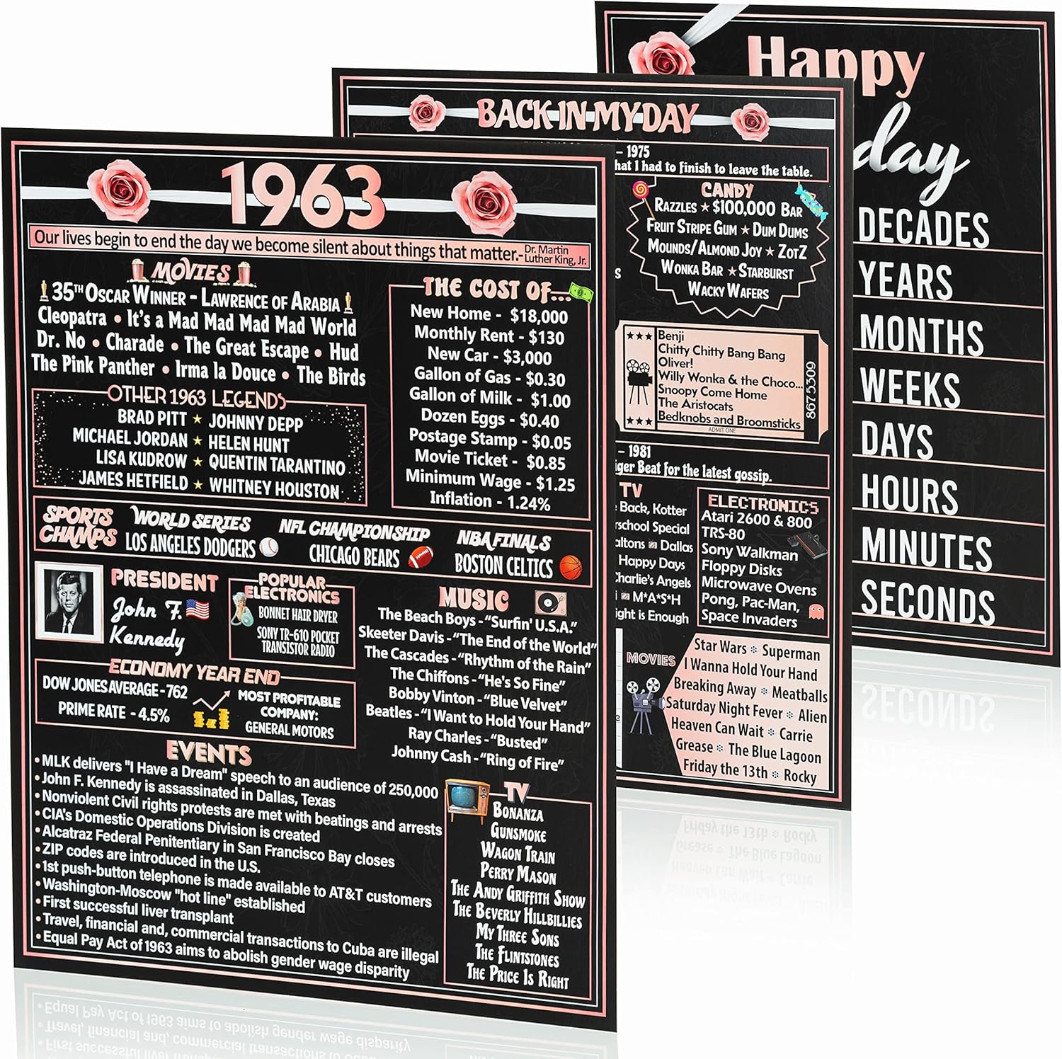 Wall Décor - VAPARA DESIGNS 60th Birthday Decorations For Women - 3 Pack of Fun, Artistic 11x14 Rose Gold Birthday Posters - 60th Birthday Gifts For Women - 60 Years Ago - Back In 1963