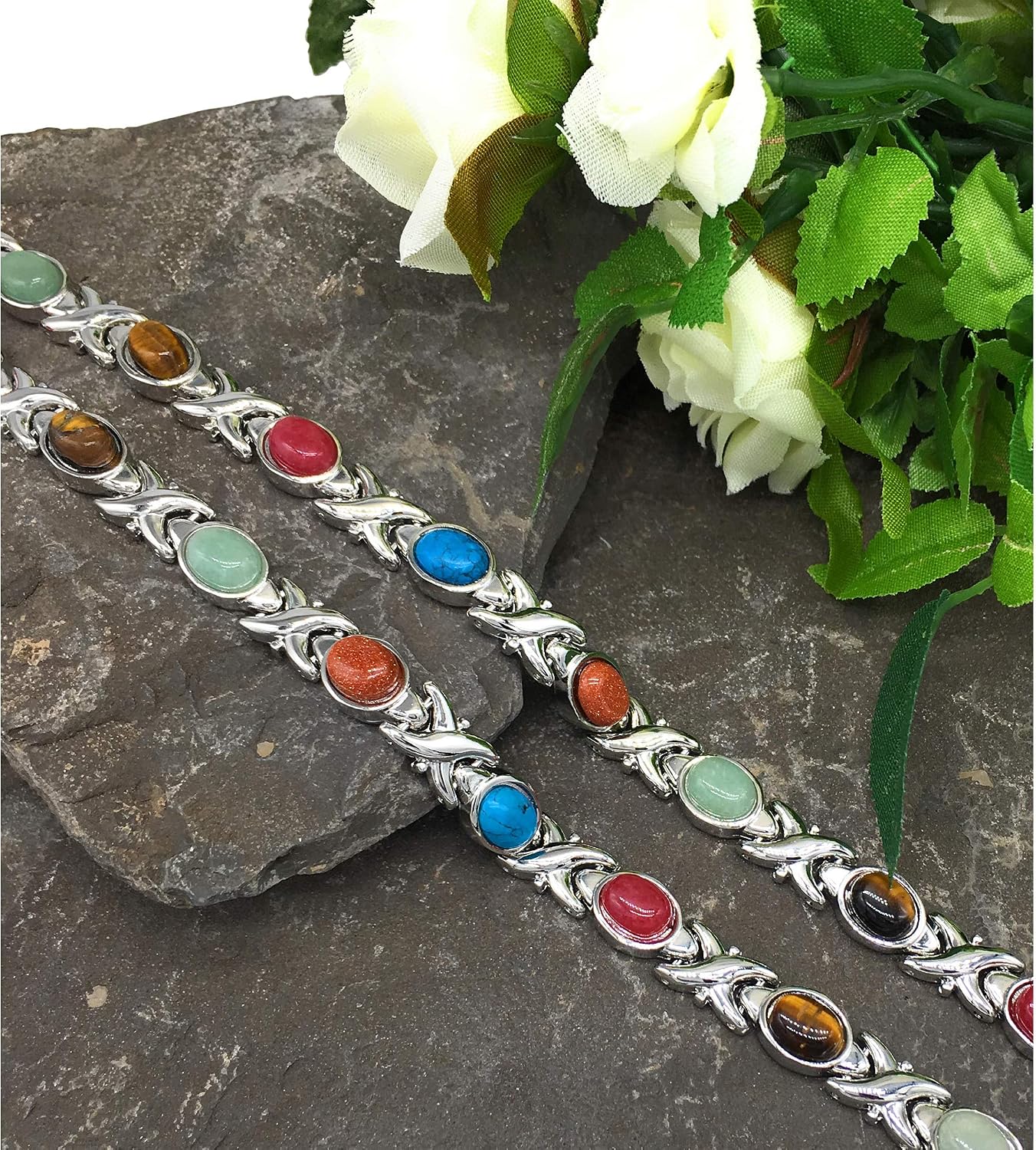 Helena Rose Ladies Magnetic Bracelet For Women, Semi-Precious Blue Red Green Gemstones - Image 3