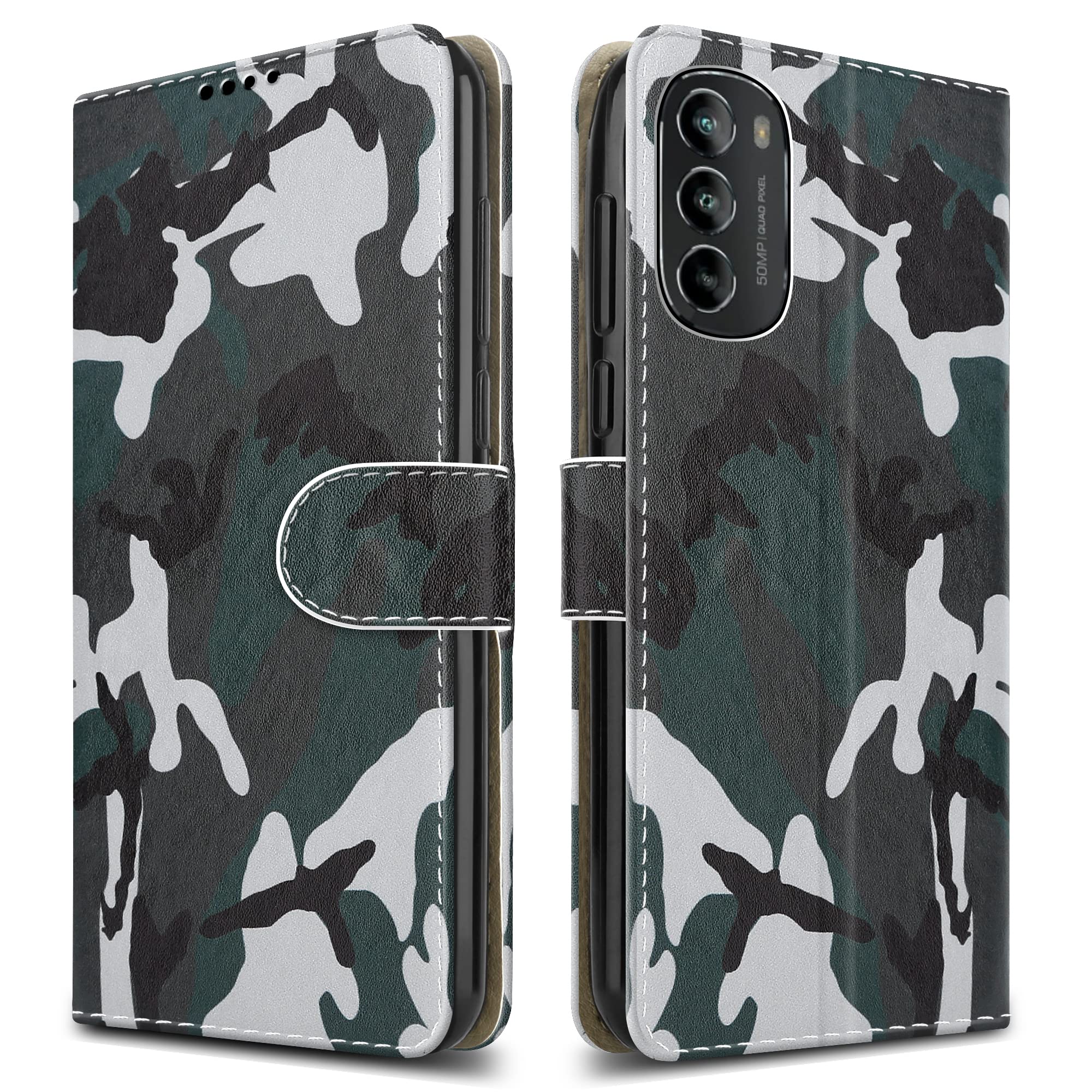 PIXFAB For Motorola G82 5G Leather Phone Case, Magnetic Closure Full Protection Book Folio Design, Wallet Case Cover [Card Slots] and [Kickstand] For Motorola Moto G82 (5G) - Camouflage