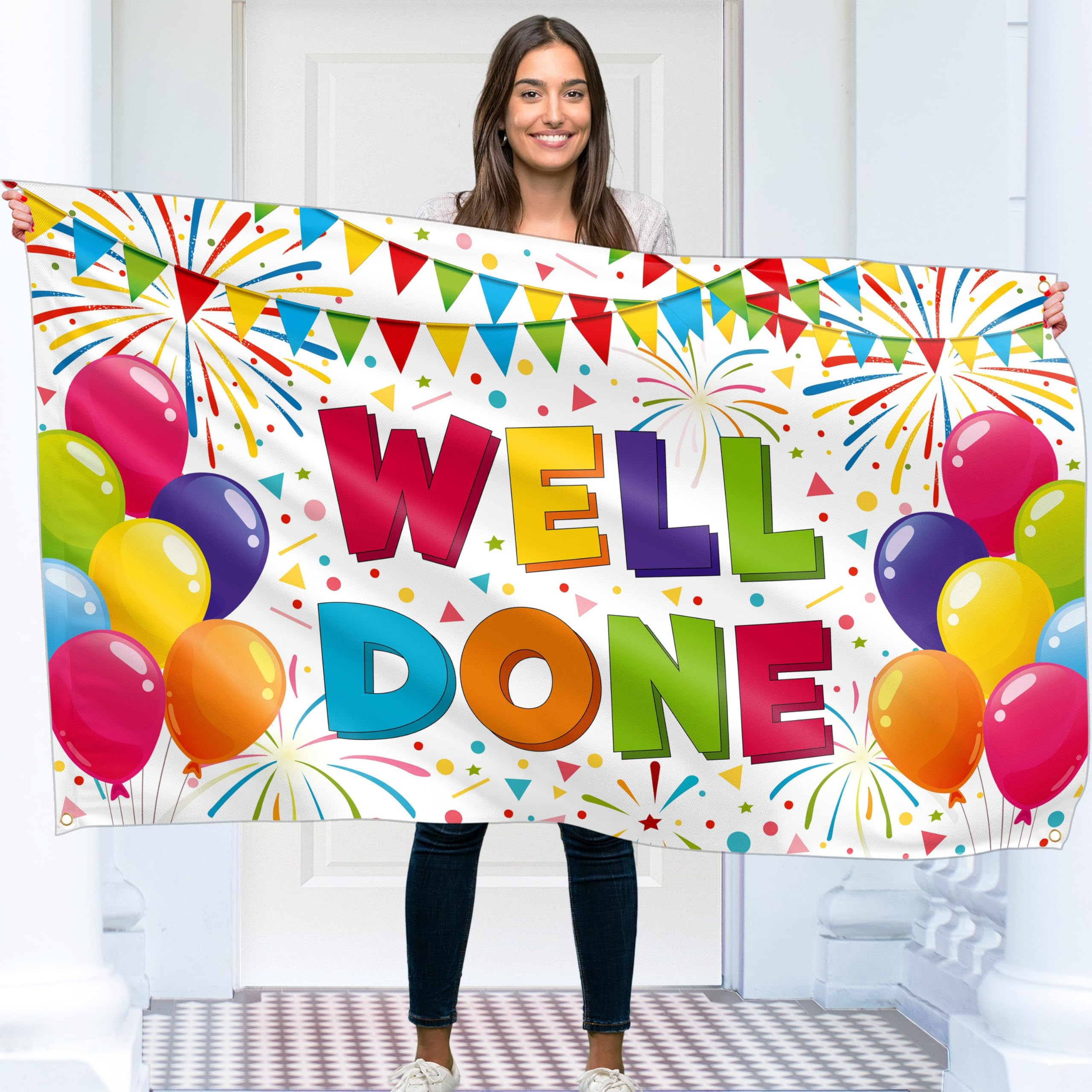 Congratulations Banner - Graduation Decorations 5ft x 3ft - Well Done Banner - We are so Proud of You – You Did It (White)