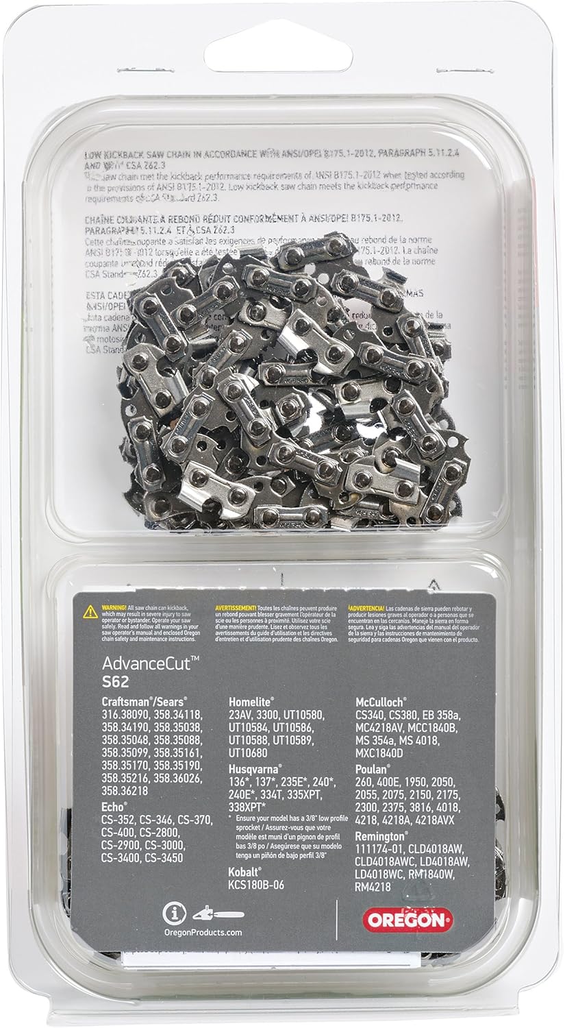 Oregon S62 AdvanceCut Chainsaw Chain for 18-Inch Bar; Fits Echo CS-400 and CS-370, Poulan 2150 and 4180 & More, .050-Inch Gauge, 62 Drive Links : Chainsaw Chain : Garden & Outdoor