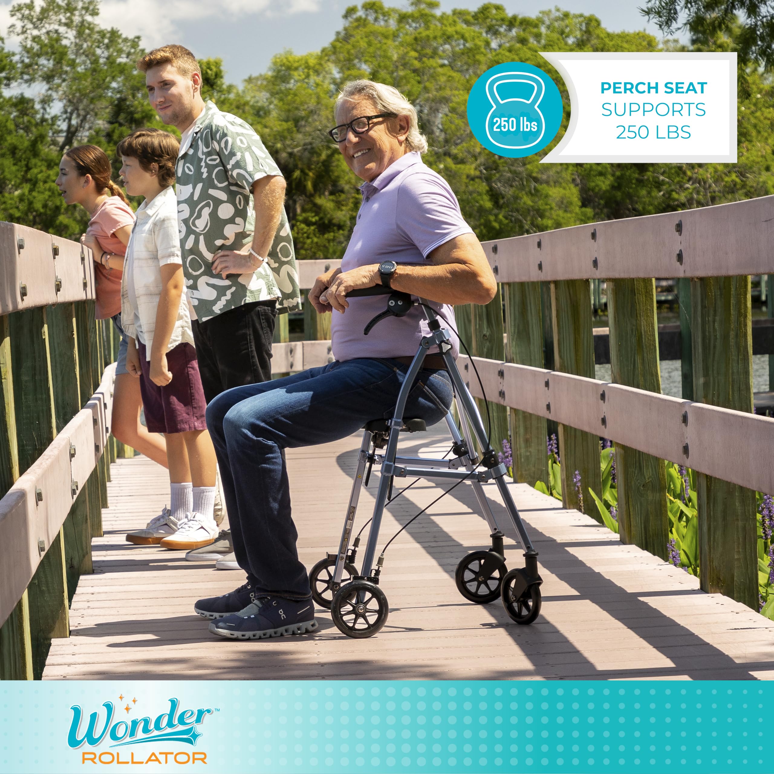 Stander Wonder Rollator, Lightweight Folding Space Saver Mobility Rolling Walker for Seniors and Adults, 6-inch Wheels, Locking Brakes, and Padded Seat with Backrest, Black Walnut