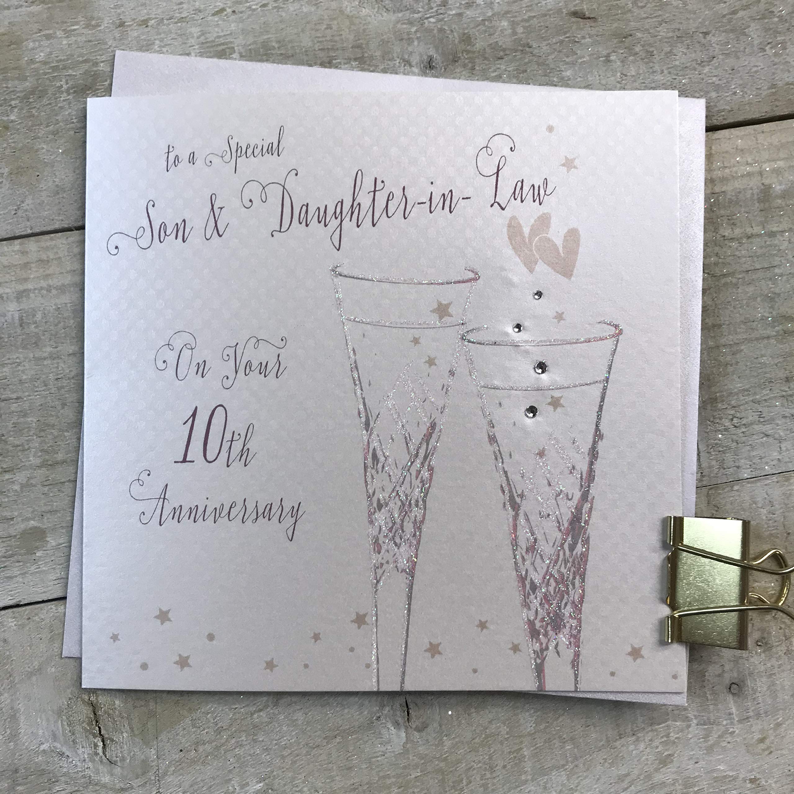 WHITE COTTON CARDS Son & Daughter in Law 10th Tin Wedding Anniversary Flutes B108-10-SD,16cm x 16cm