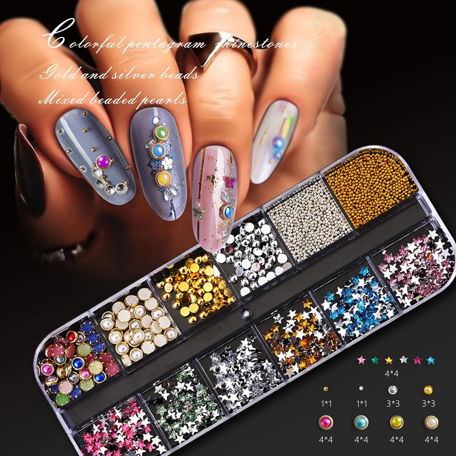 Nail Art Rhinestones, Nail Crystal Nail Gems Nail Art Supplies, Nail Design Kit, contains 6 Boxes of 72 Types, and Nail Accessories with 2 Finger Separator, 1 Tweezers, 1 Nail File, 1 Pen: Beauty