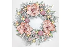 BEINHOME Christmas Wreath for Front Door, 24 Inch Christmas Door Wreath with Lights,Pink Flowers,Pink Balls and Berries Xmas Wreath for Fireplace Window Front Door Wall Decor