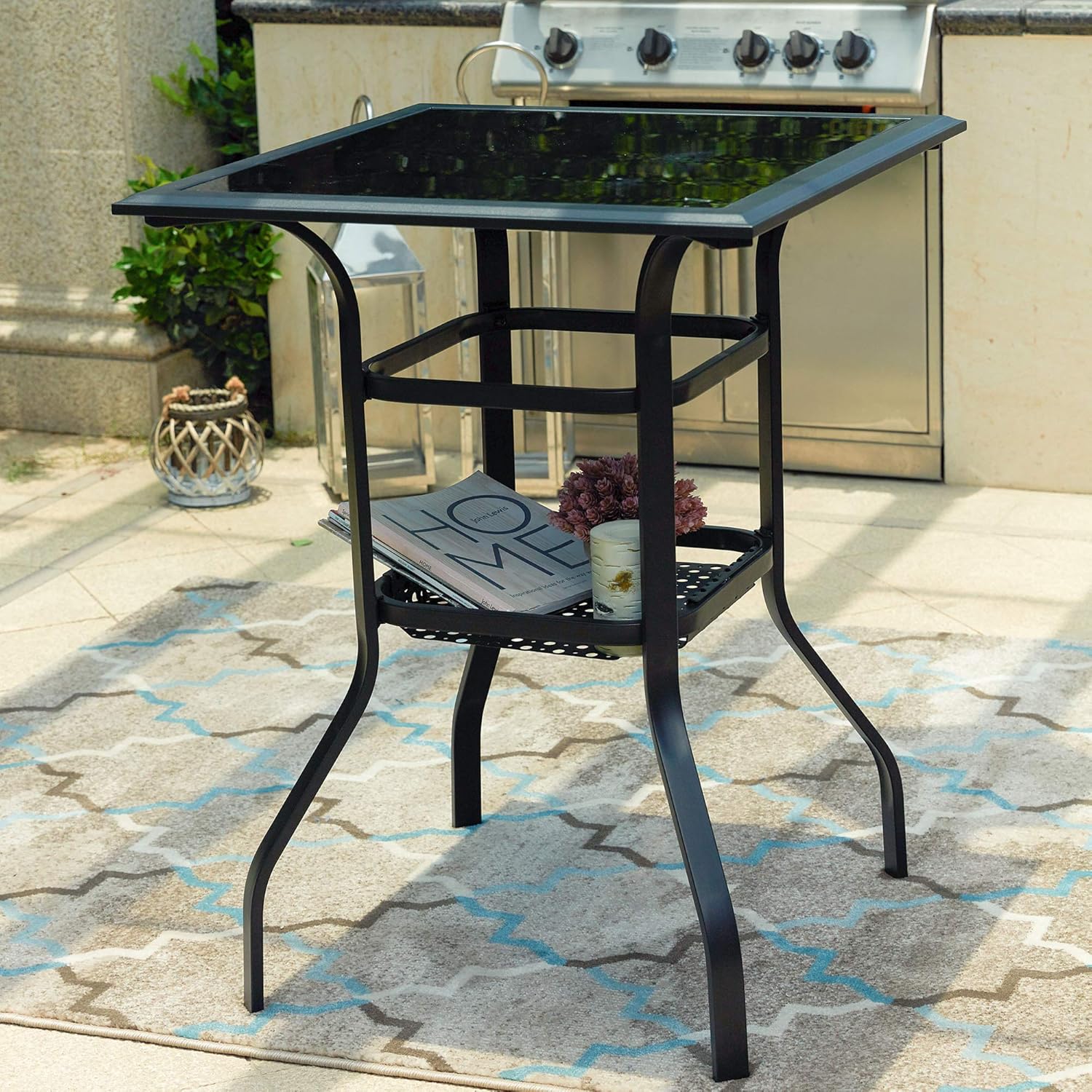 Amazon Com Patio Festival Outdoor Bistro Bar Table Patio Metal Steel Slat Dining Side Table 2 Tier Tempered Glass Top With Storage 1 Table Kitchen Dining