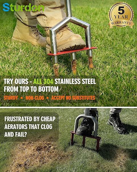 MANUAL LAWN AERATOR – 42 INCH, 304 STAINLESS STEEL AERATOR LAWN TOOL, EASY TO INSTALL, RUST RESISTANT, CORE AERATOR FOR YARD&GRASS COMPACTED SOIL, 3 DETACHABLE HOLLOW TINES, NON SLIP FOOT PAD