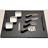 Natural Slate Cheese Board and Knife Set | Charcuterie Board Cheese Knives and Spreader set 14 Pieces 16" x 12" Serving Tray with Black Handle Ceramic Bowls Soapstone