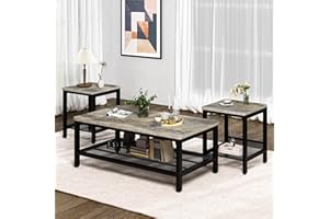Lamerge 3 Pieces Living Room Table Set, Industrial Coffee Table with 2 Square End Side Tables, Coffee Table Set with Metal Frame for Apartment Home Office (Grey)