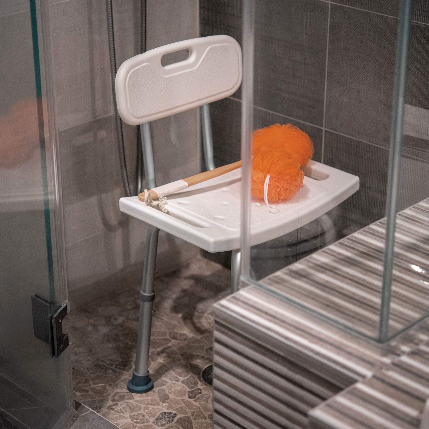 Shower Chair Set of 3 - Includes Back Scrubber & Additional Sponge - Anti Slip for Safety, with 8 Adjustable Heights Portable - Tool Free Shower Chair for Elderly - Bath Chair for Elderly: Health & Personal Care