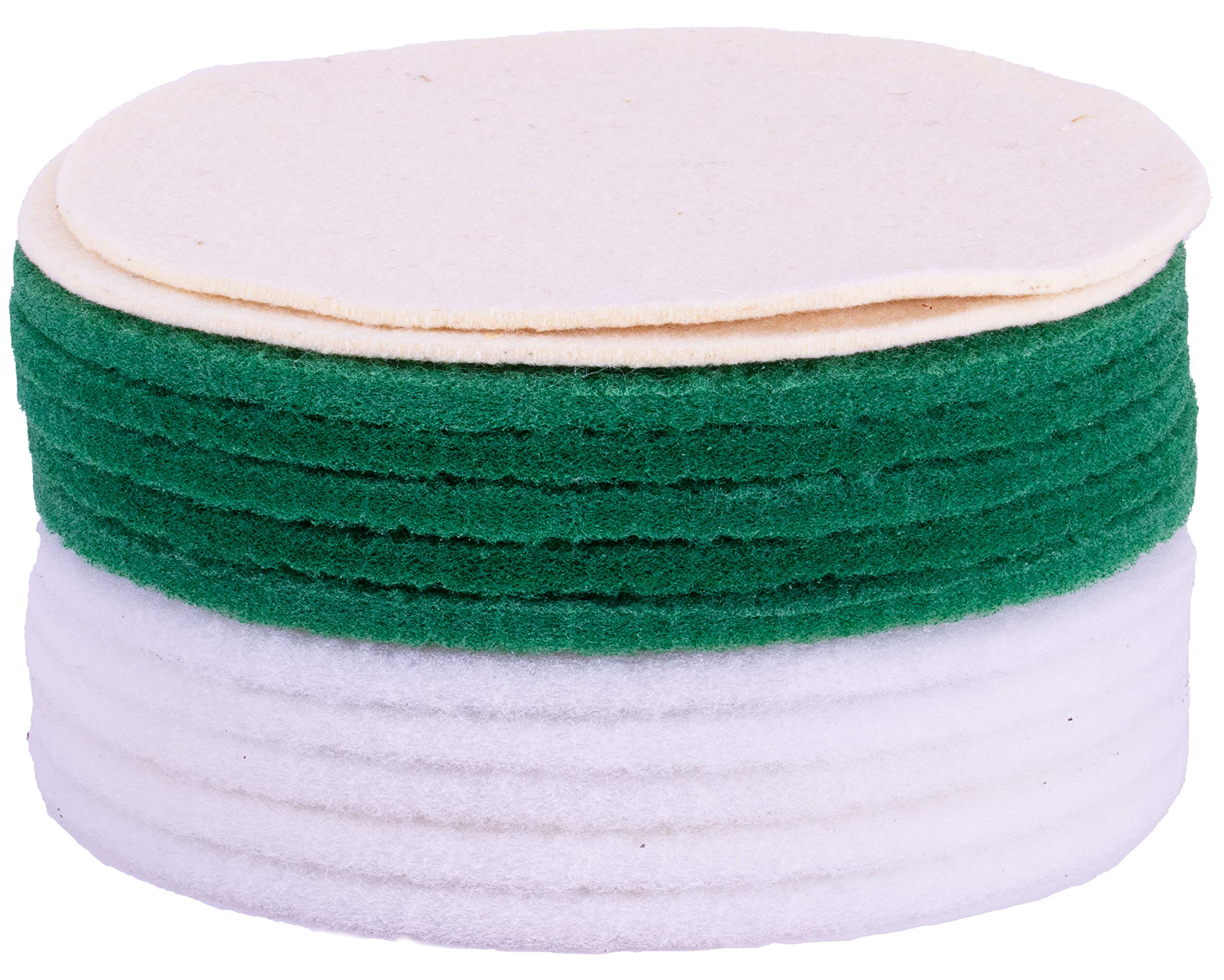 HPS® 12 Piece Pad Set 5XGREEN, 5XWHITE Pads and 2XSHEEPWOOL Polishing Pad, Diameter 12" Maintain RE-OILING Massage and Polish ZB Oiled Parquet – Linoleum – Marble Vinyl etc Pads Suitable for OVERMAT Polisher Floorboy 300