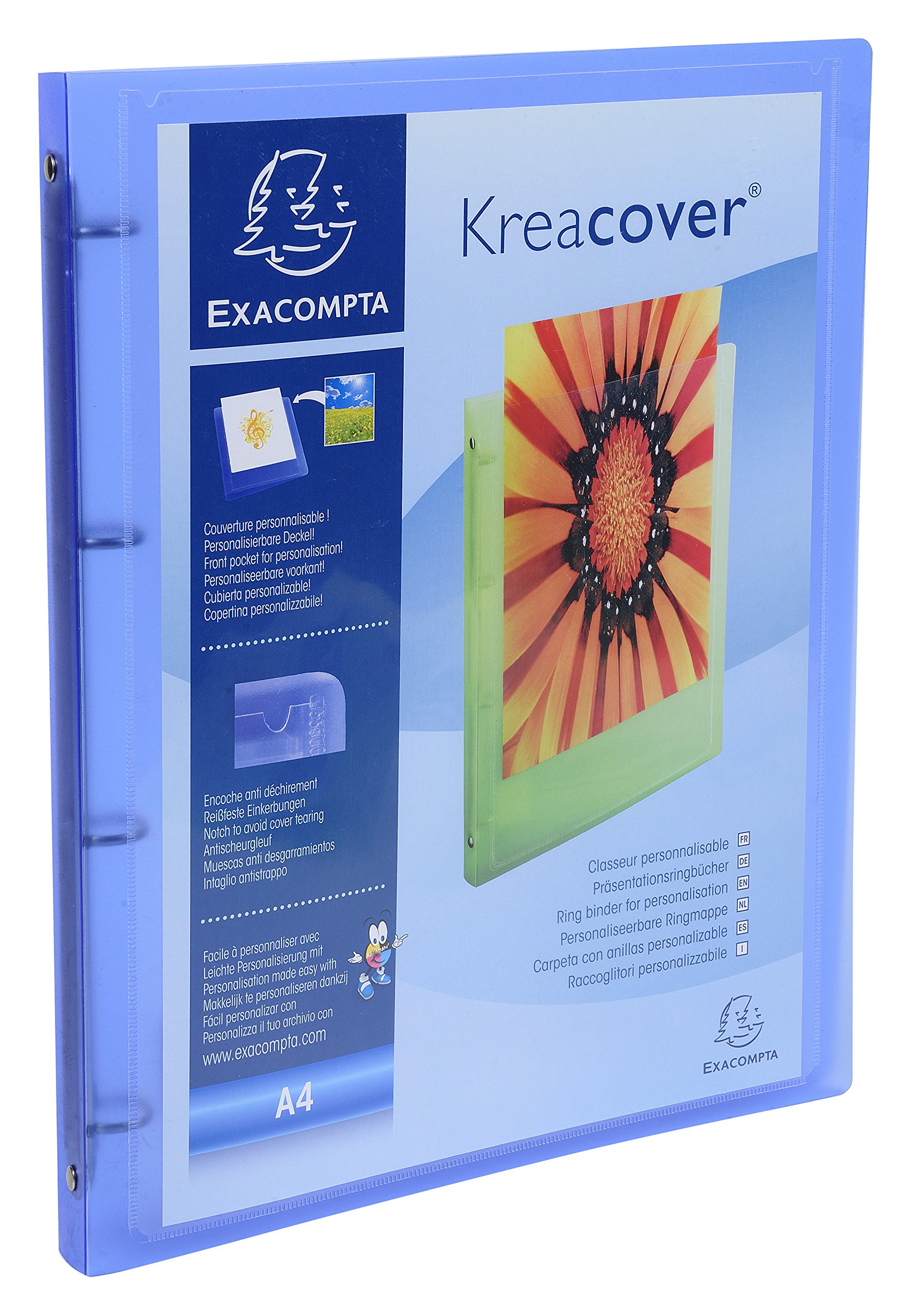 Exacompta - ref. 51962E - 1 customizable flexible PP binder 1 pocket - 4 round rings, 15 mm diameter - External dimensions: 32 x 25 cm - A4 file format - Colour: blue