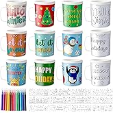 Winter Color Your Own Mugs for Kids - 12Pcs Christmas Bulk 8oz Personalized Coffee Mugs with 36Pcs Insert Paper DIY Plastic Cups for Birthday Xmas Winter Holiday Party School Home Activities Supplies