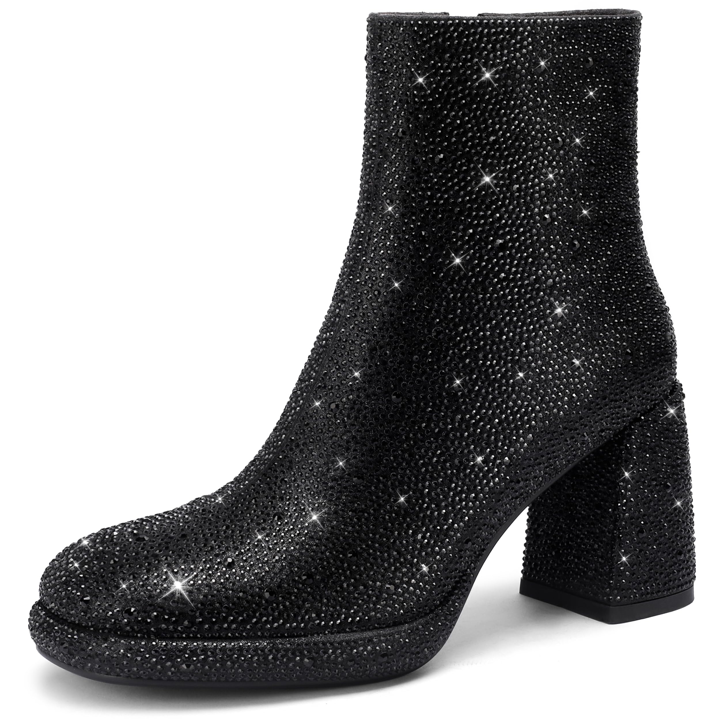 Photo 1 of FINDVELL Black Rhinestone Boots For Women Chunky Block Heeled Sparkly Platform Ankle Booties Glitter Shoes Wedding Bride Size 8.5
