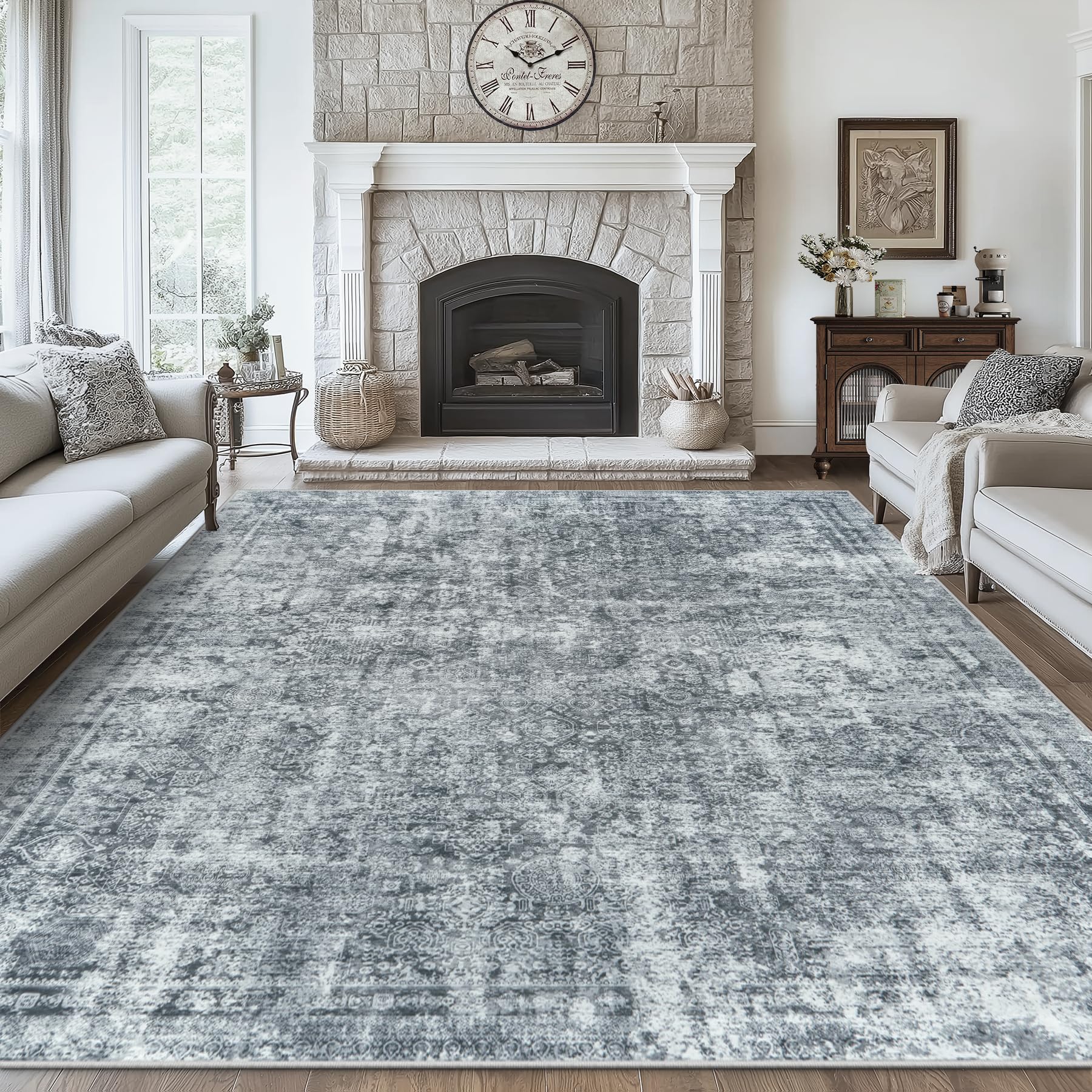 Photo 1 of 10x14 Area Rugs Washable Rug: Large Vintage Abstract Living Room Rug Soft Anti-Skid Thin Carpet Indoor Floor Stain Resistant Carpets for Bedroom Dining Farmhouse Nursery Home Office Black Grey