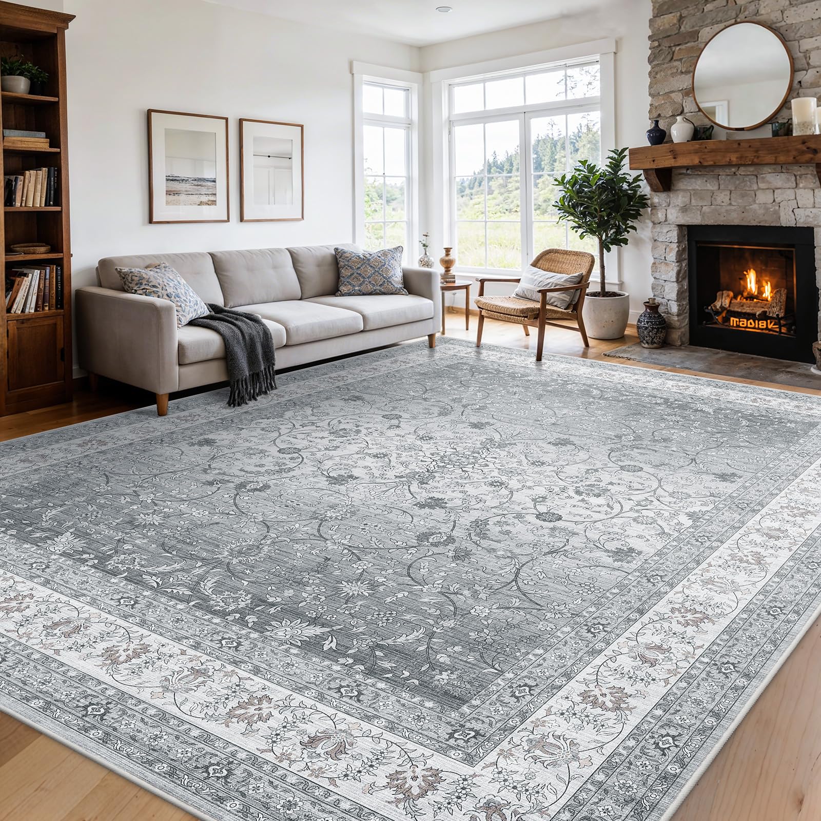 AMADA HOMEFURNISHING 8x10 Area Rugs, Washable Living Room Rug with Non-Slip Backing, Low Pile and Durable Edge Binding, Soft Vintage Floral Rugs for Living Room, Bedroom, Dining Room Image