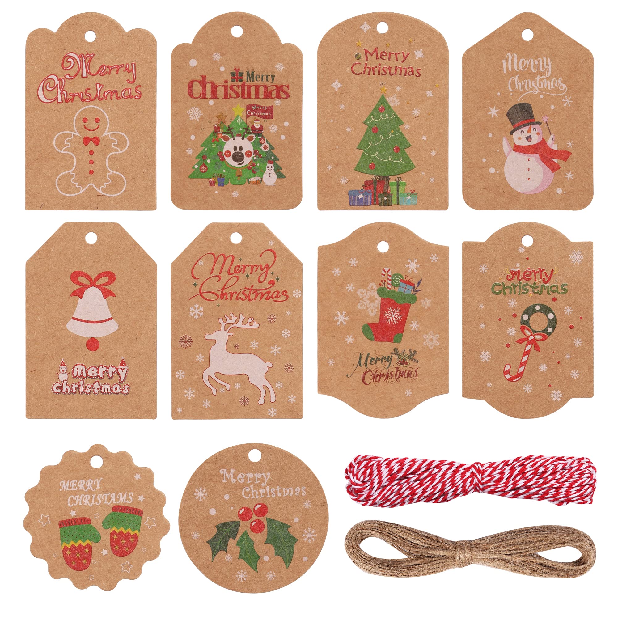 100PCS Christmas Label Gift Tags, LEUOSO 300gsm Kraft Present Hanging Label Card, 10 Pattern Styles with 10M Cotton String and Twine String for Xmas Paper Wrapping Decorations, DIY Homemade Arts Craft