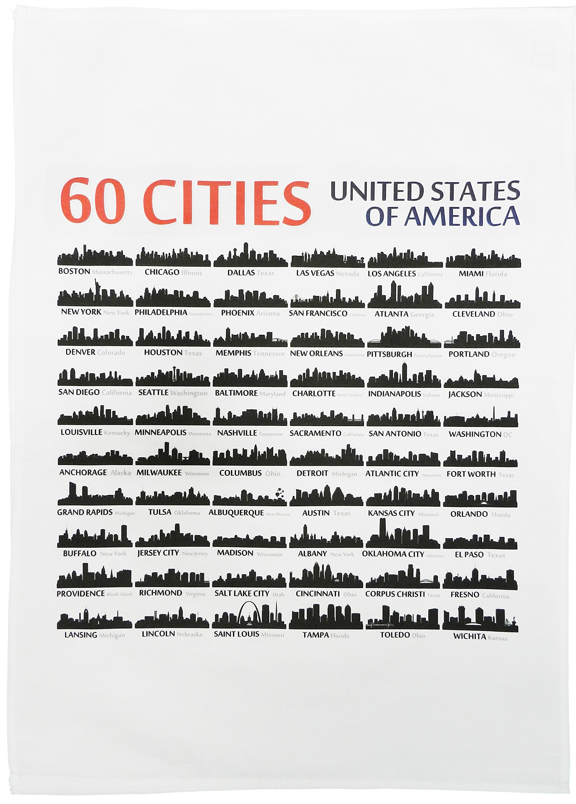 Half a Donkey 60 USA Cities in Silhouette Skyline Form - Large Cotton Tea Towel