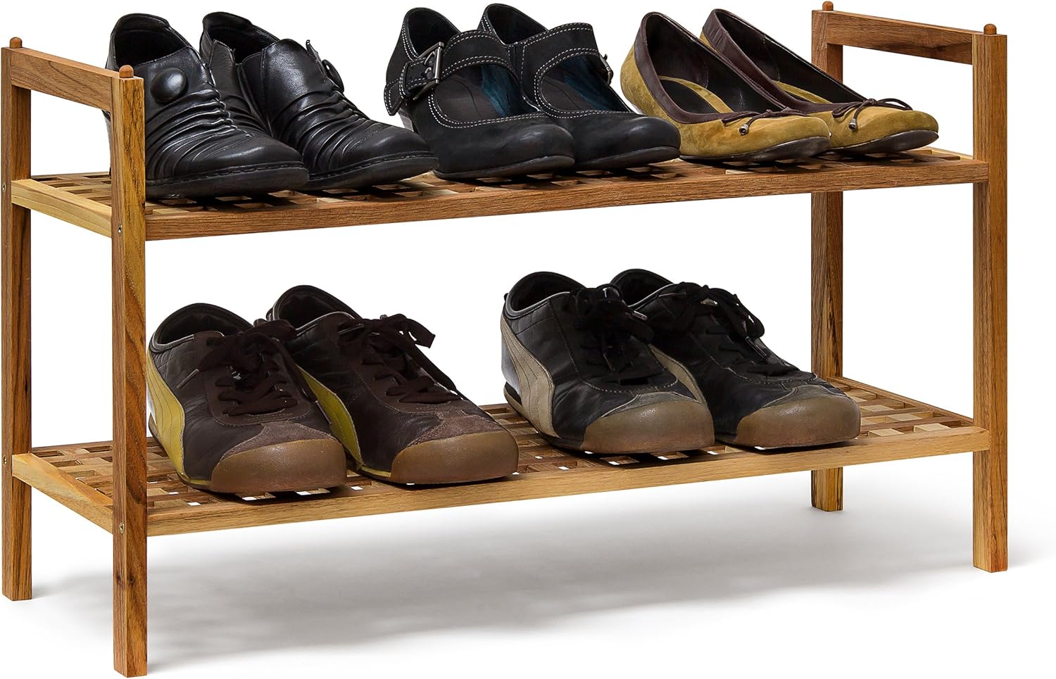 Relaxdays 2-tiered shoe rack, stackable shoe bench, made from walnut wood, two shelves for up to 6 works of shoes, brown