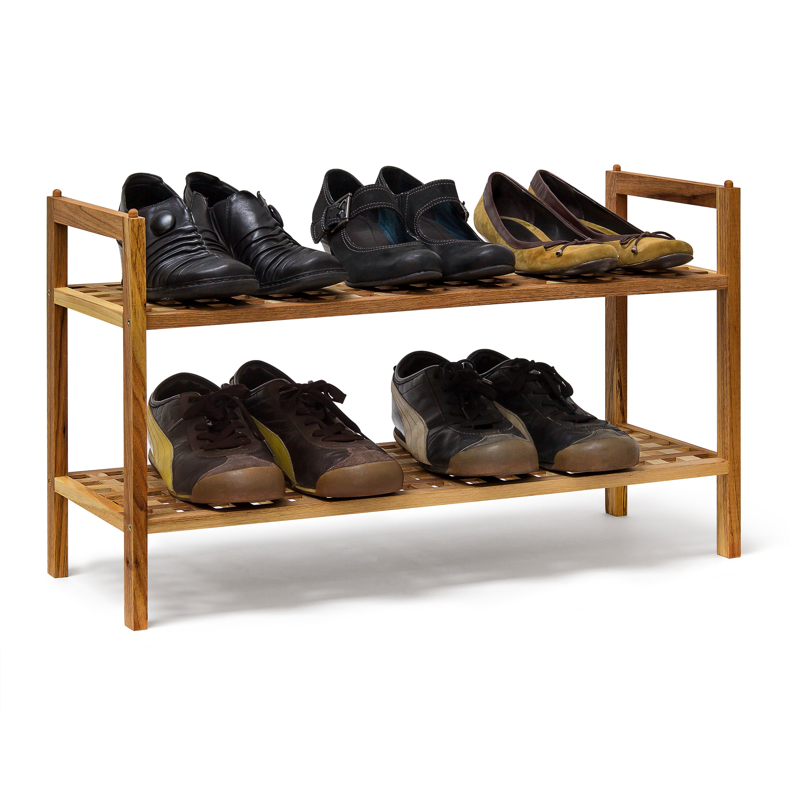 Relaxdays 2-tiered shoe rack, stackable shoe bench, made from walnut wood, two shelves for up to 6 pairs of shoes, brown