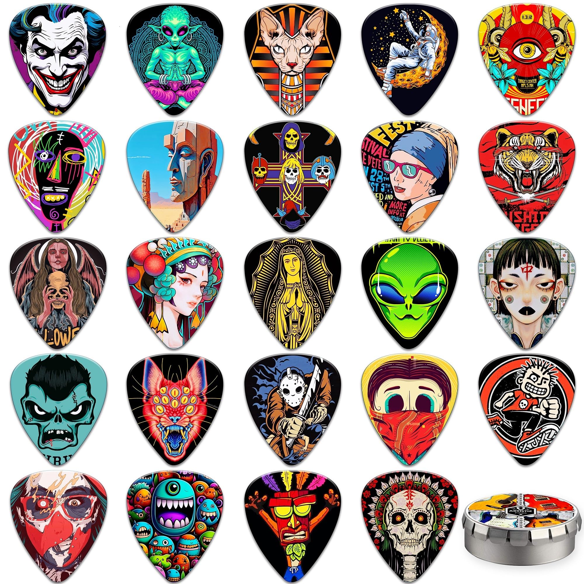 Guitar Picks,24 Pack Guitar Plectrums Thin, Medium, Heavy/Hard Picks with Tin Box,Personalised Plectrums for Acoustic,Bass,Electric Guitar Includes 0.46mm 0.71mm 0.96mm 1.2mm(Mix-5)