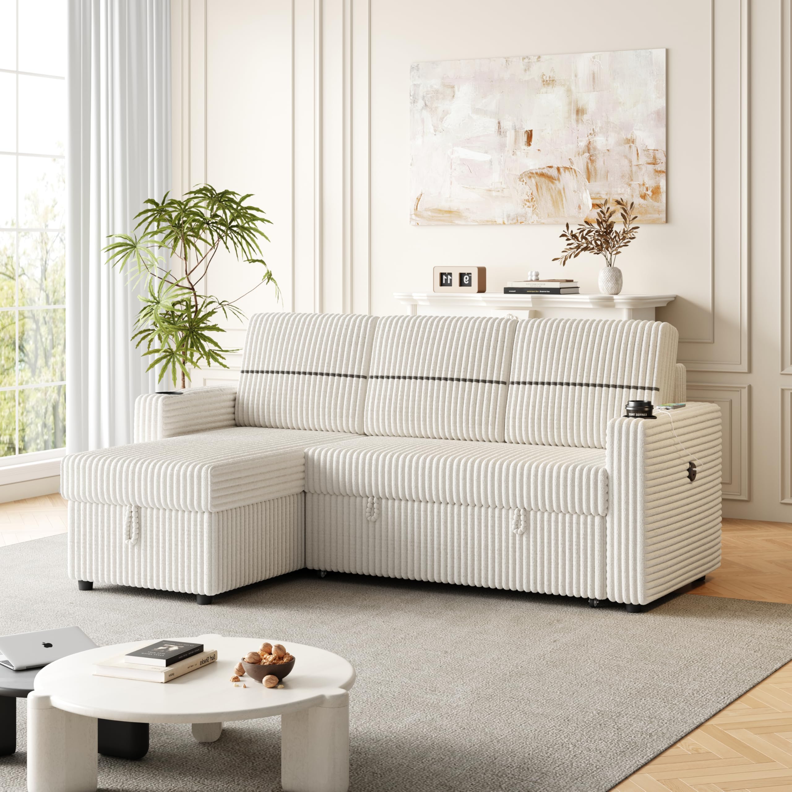 Photo 1 of 85-Inch L-Shaped Pull Out Sleeper Couch Bed with Cupholders and USB-C Ports,Modern Plush Corduroy Upholstered Reversible Sleeper Sectional Sofa W/Storage Chaise for Living Room Bedroom Home Apartment