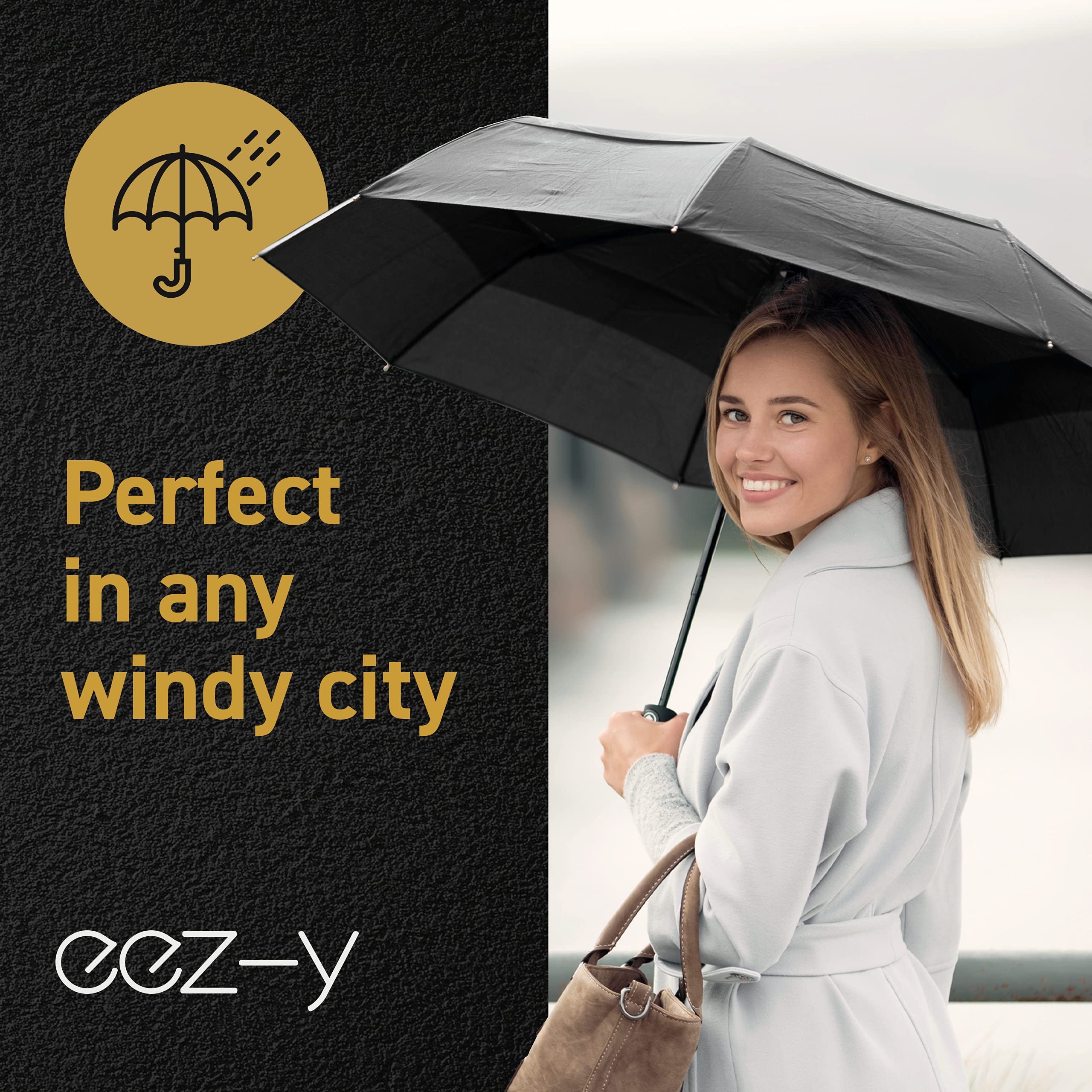 Windproof Travel Umbrellas for Rain - Lightweight, Strong, Compact with & Easy Auto Open/Close Button for Single Hand Use - Double Vented Canopy for Men & Women