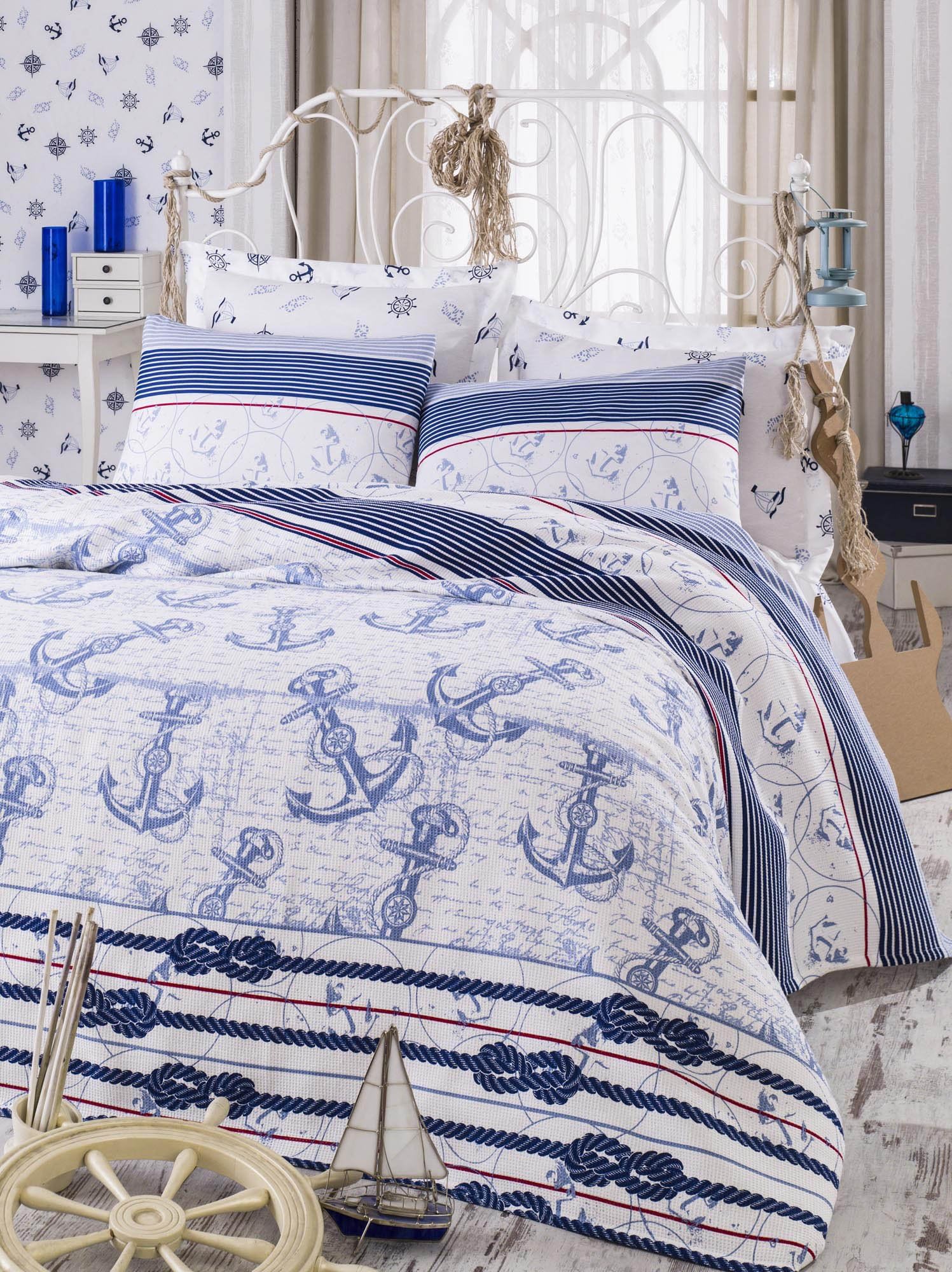 DecoMood Nautical Bedding, Anchors Themed Bedspread Coverlet (Pique) Set, 100% Cotton, Single/Twin (3 PCS) and Full/Queen Size (4 PCS).