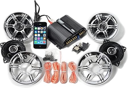 Amazon Massive Bikiniオリジナル 4チャンネル 500w Ledスイッチ付 バイク用 バイク オーディオ 10cm 10センチ 4インチ スピーカー スピーカーグリル スポーク メッキ グリル 防水 小型 アンプ ビックスクーター マグザム マジェスティ125 アドレスv125g 原付 ディオ