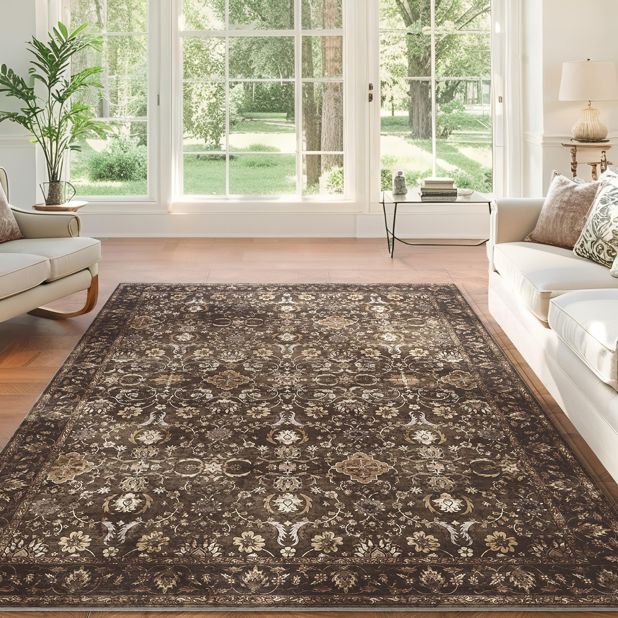 Photo 1 of ARKIIKI 6x9 Rugs for Living Room, Soft Large Area Rugs Brown Washable Rug, Indoor Vintage Rugs for Bedroom Home Office Laundry, Rubber Backed Non Slip Low Pile Carpet, Dark Brown